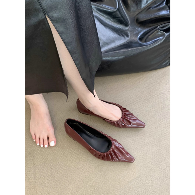 Giày Búp Bê Xếp Ly Mũi Nhọn Giày Đế Bằng Nữ Thu Đông 2023 Gót Dẻo Da Mềm Thời Trang Nữ