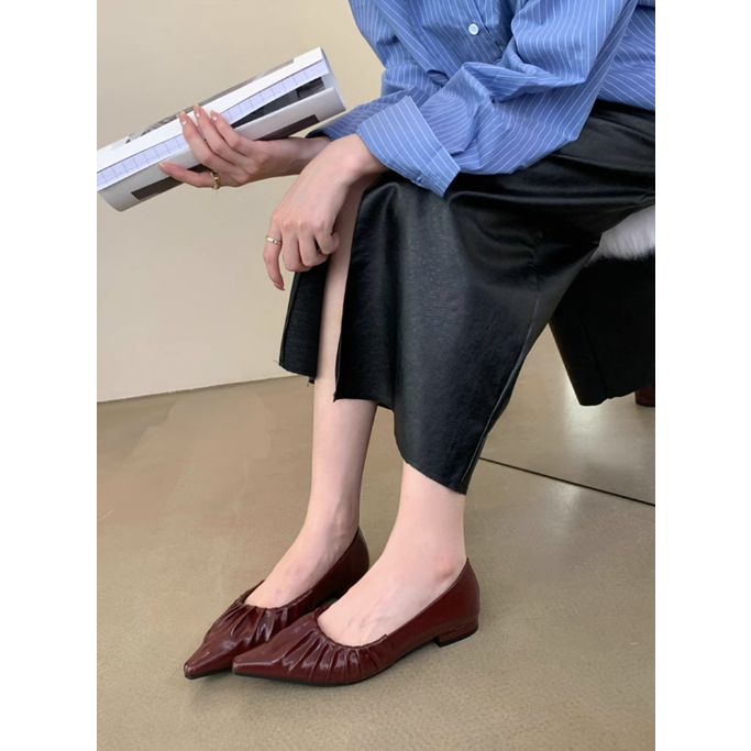 Giày Búp Bê Xếp Ly Mũi Nhọn Giày Đế Bằng Nữ Thu Đông 2023 Gót Dẻo Da Mềm Thời Trang Nữ