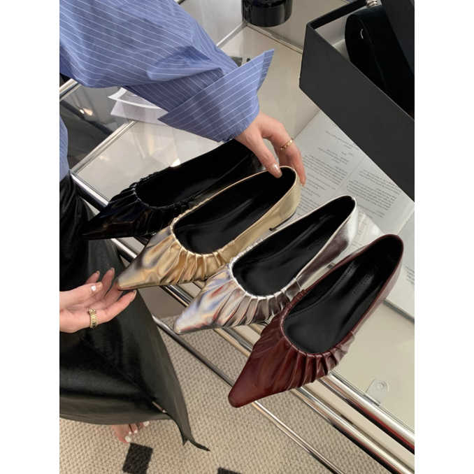 Giày Búp Bê Xếp Ly Mũi Nhọn Giày Đế Bằng Nữ Thu Đông 2023 Gót Dẻo Da Mềm Thời Trang Nữ