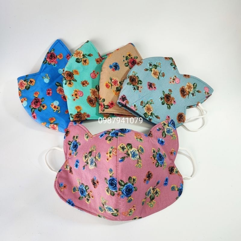 Khẩu trang tai mèo chống nắng vải cotton 3 lớp họa tiết bông nhí nhiều màu có dây điều chỉnh quai đeo, được chọn màu