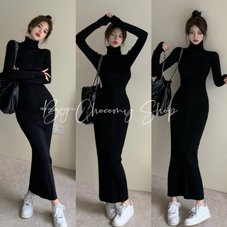 Đầm giữ nhiệt màu đen ôm body tôn dáng cổ cao 10 phân dáng dài maxi chất Gân tăm tay xỏ ngón - ChocomyShop