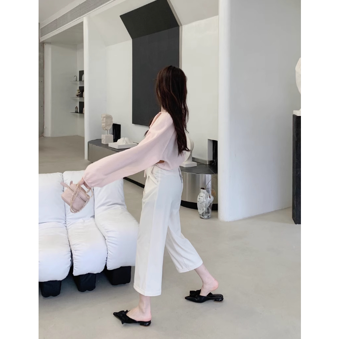 Xuân Hè 2023 Dép Bệt Pháp Nơ Gót Bằng Bao Đầu Mũi Nhọn Đính Nơ, Dép Gót Bằng Điệu Đà Hở Gót