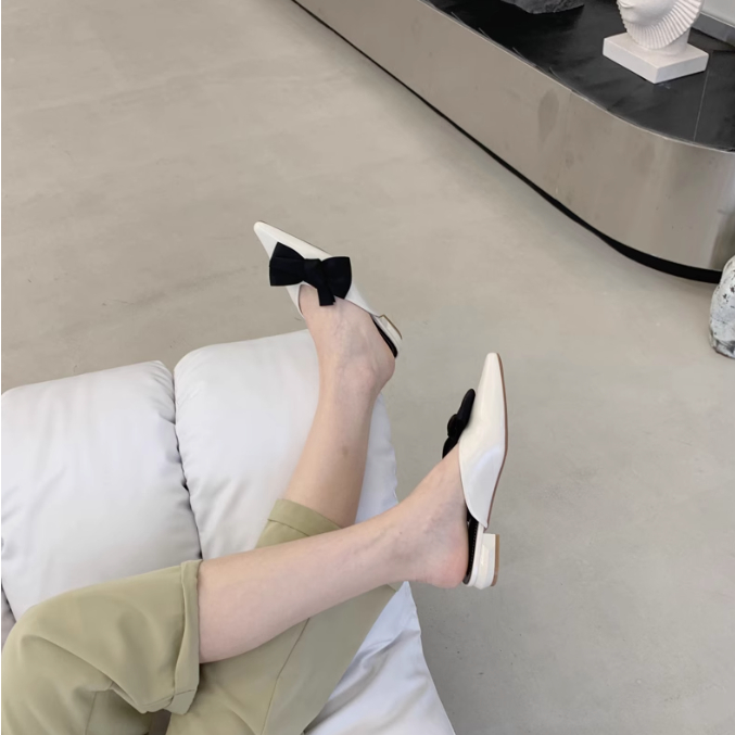Xuân Hè 2023 Dép Bệt Pháp Nơ Gót Bằng Bao Đầu Mũi Nhọn Đính Nơ, Dép Gót Bằng Điệu Đà Hở Gót