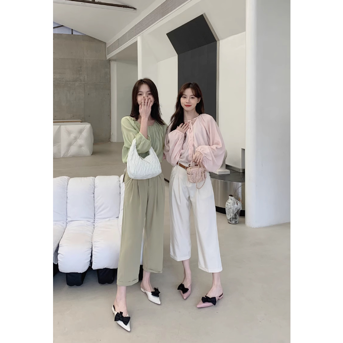 Xuân Hè 2023 Dép Bệt Pháp Nơ Gót Bằng Bao Đầu Mũi Nhọn Đính Nơ, Dép Gót Bằng Điệu Đà Hở Gót