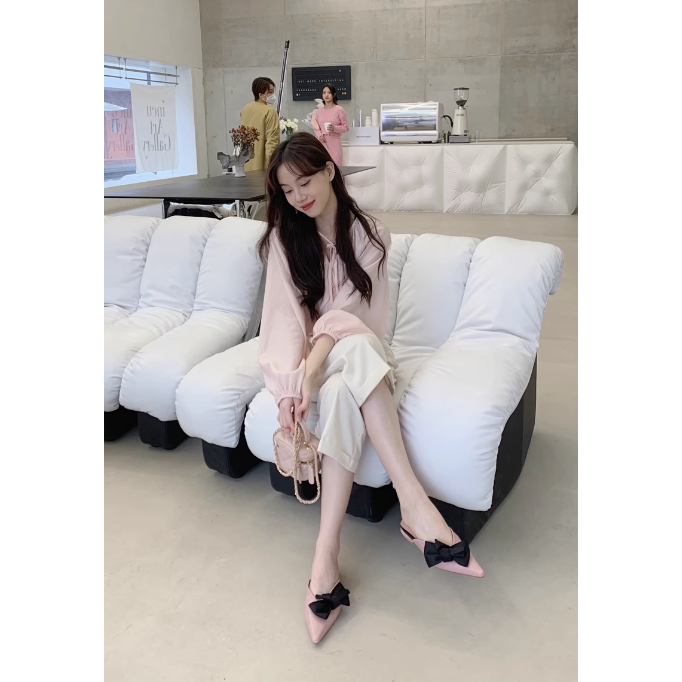 Xuân Hè 2023 Dép Bệt Pháp Nơ Gót Bằng Bao Đầu Mũi Nhọn Đính Nơ, Dép Gót Bằng Điệu Đà Hở Gót