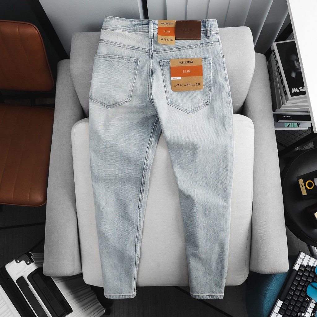 Quần Jean Dài Nam PB Xanh Rách, Form Slim-fit, chất vải co giãn nhẹ, ống 15-18cm Hàng VNXK - PB001