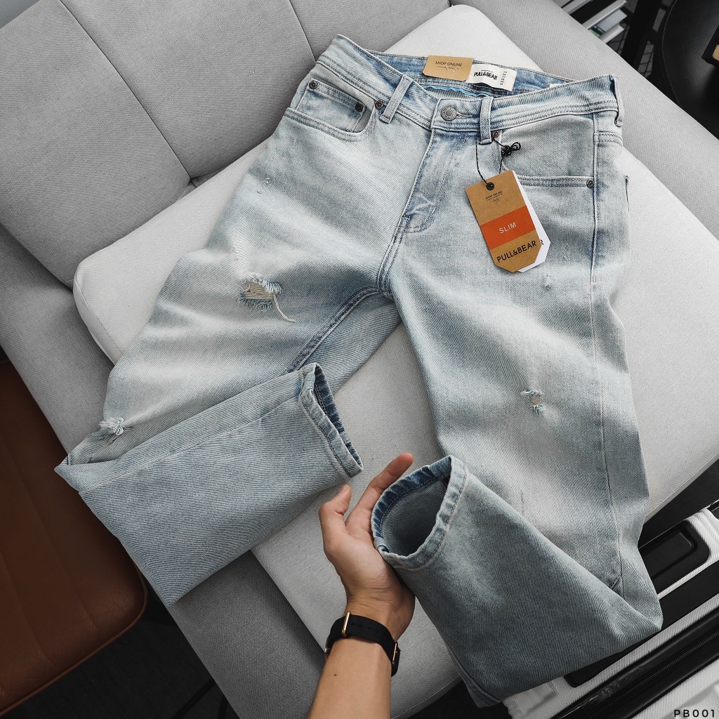 Quần Jean Dài Nam PB Xanh Rách, Form Slim-fit, chất vải co giãn nhẹ, ống 15-18cm Hàng VNXK - PB001