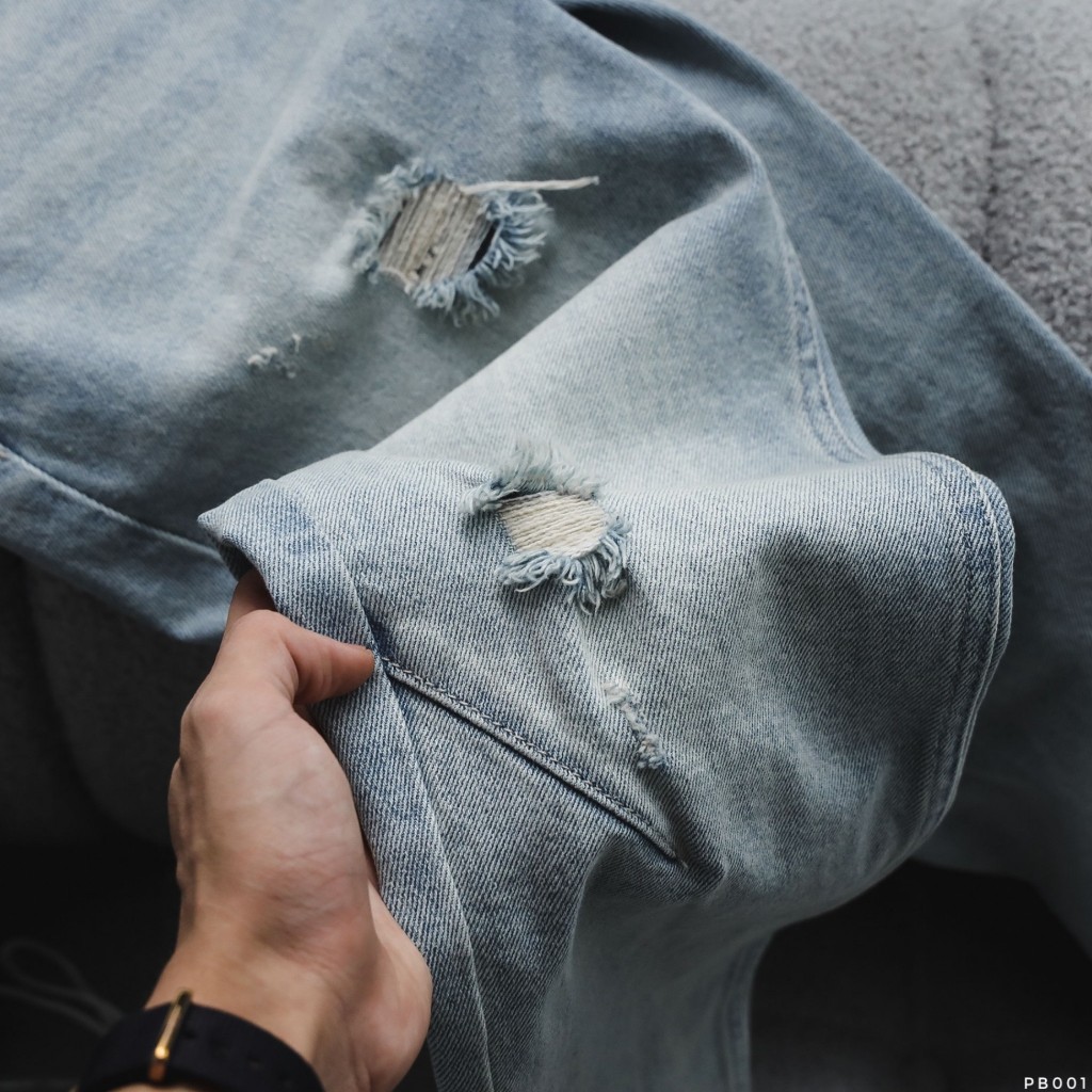 Quần Jean Dài Nam PB Xanh Rách, Form Slim-fit, chất vải co giãn nhẹ, ống 15-18cm Hàng VNXK - PB001