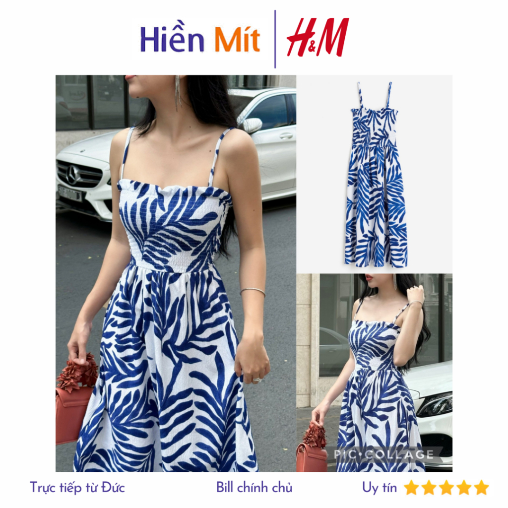 H&M Đức - Đầm maxi dài midi hai dây bo chun ngực đen xanh dương hoa lá sale auth new tag cao cấp chính hãng 1154667001