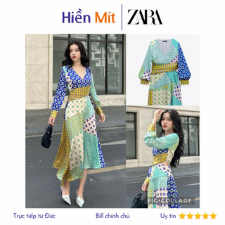 (Size XS, S) ZARA Đức - Đầm midi dài patchwork in họa tiết cổ V dài tay chiết eo sale auth new cao cấp sẵn 3164/229