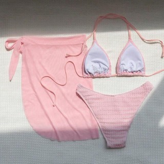 [3 MẢNH] Bikini tam giác hồng kèm khăn