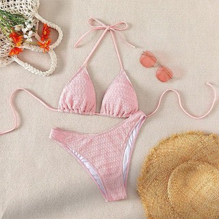 [3 MẢNH] Bikini tam giác hồng kèm khăn