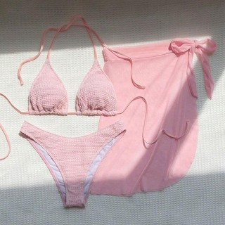 [3 MẢNH] Bikini tam giác hồng kèm khăn