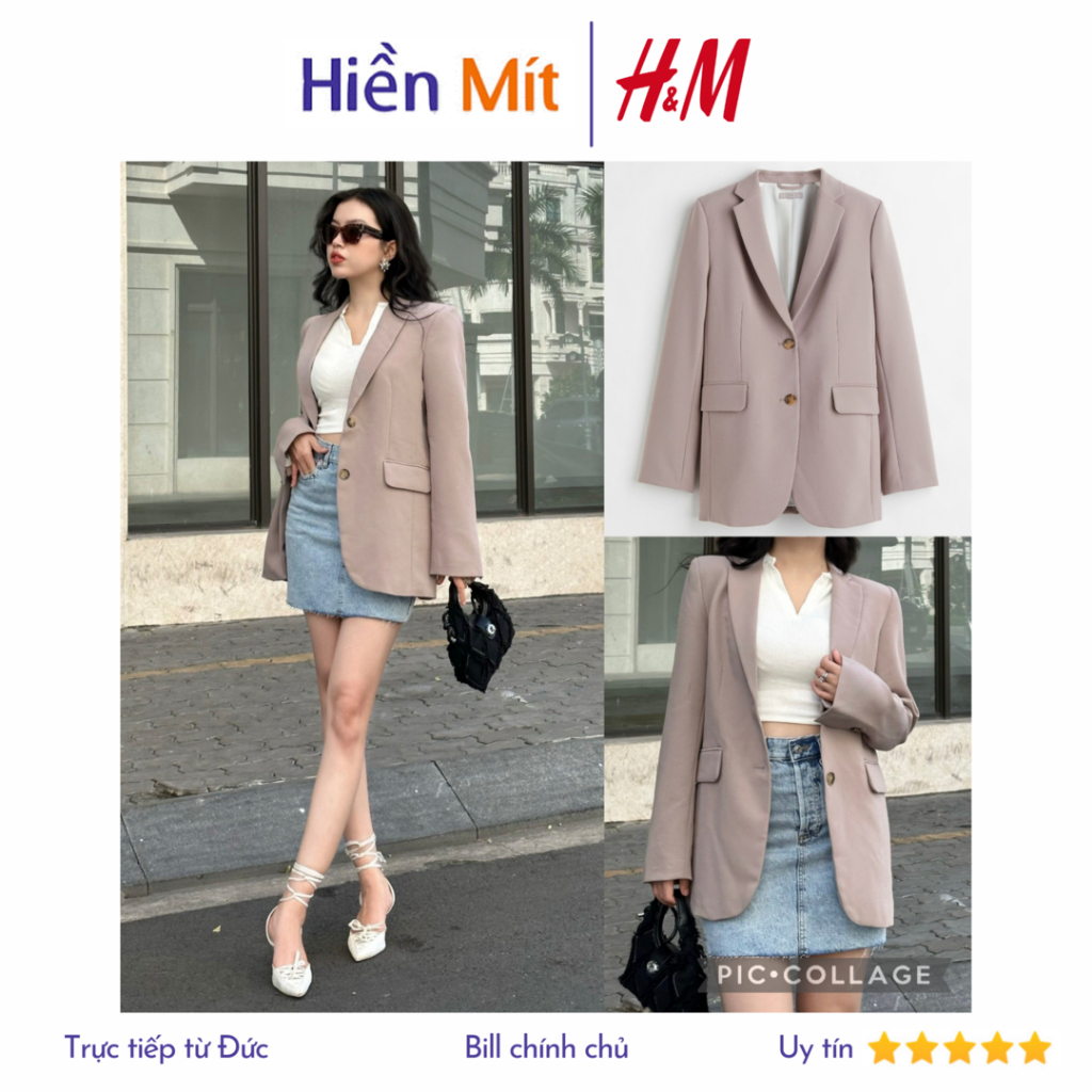 H&M Đức - Áo khoác blazer hai lớp có lót độn vai sale auth cao cấp chính hãng có sẵn form suông dài rộng oversize HM