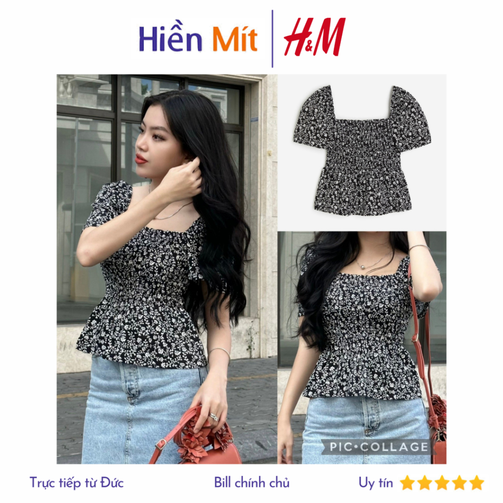 H&M Đức - Áo kiểu peplum bo chun nhún thun cổ vuông tay phồng hoa nhí màu đen sale auth new tag cao cấp sẵn 1157872002