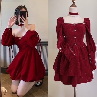 Đầm nhung 2s đá hoa rớt vai-Đầm tiệc xòe 2 dây chất nhung