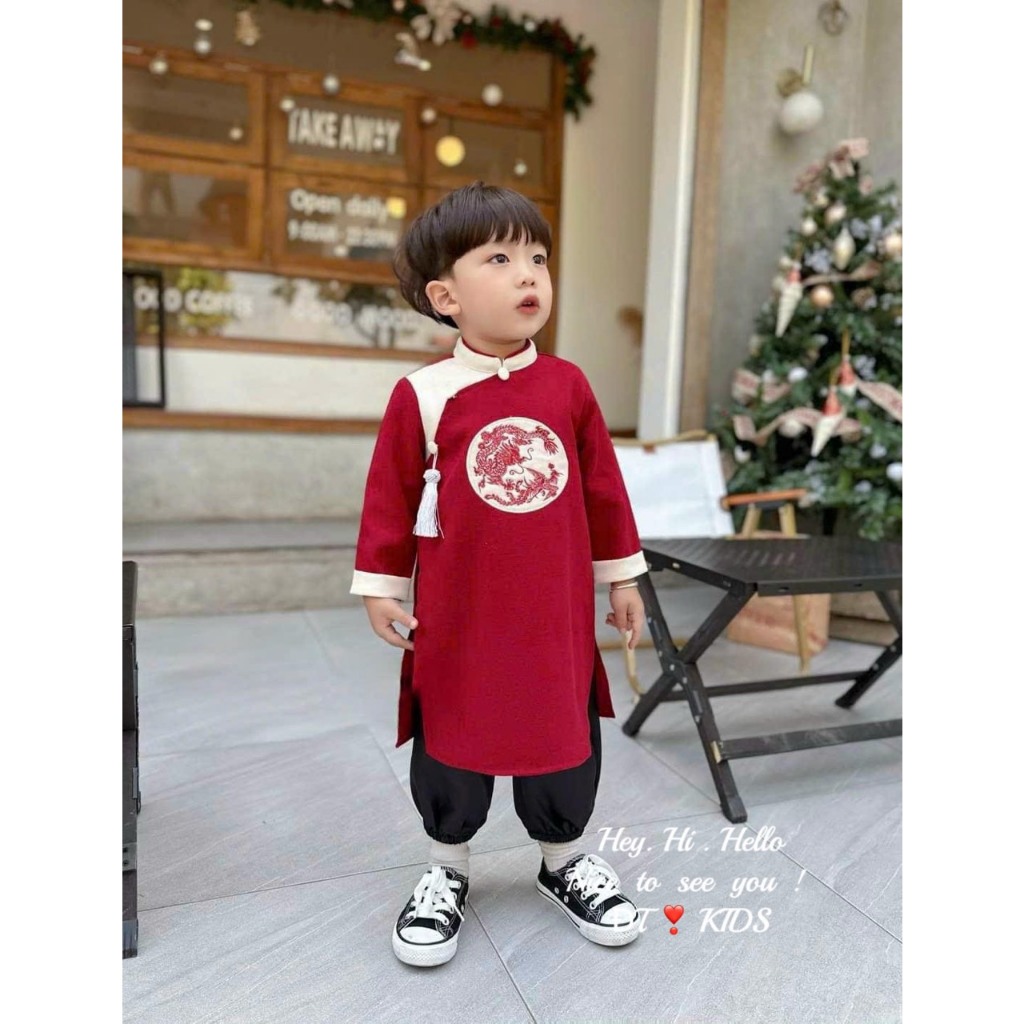 Áo dài cho bé trai chất liệu nhung chéo mềm mịn, kèm quần.