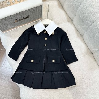 Set bé gái áo dạ cổ trắng kèm chân váy xếp ly
