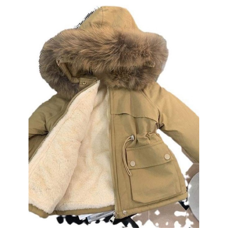Áo khoác parka lót lông màu nâu be cho bé gái