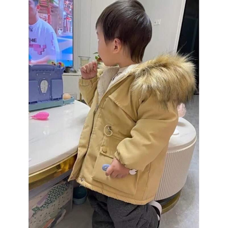 Áo khoác parka lót lông màu nâu be cho bé gái