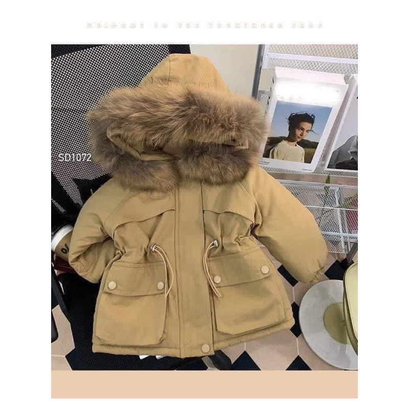 Áo khoác parka lót lông màu nâu be cho bé gái