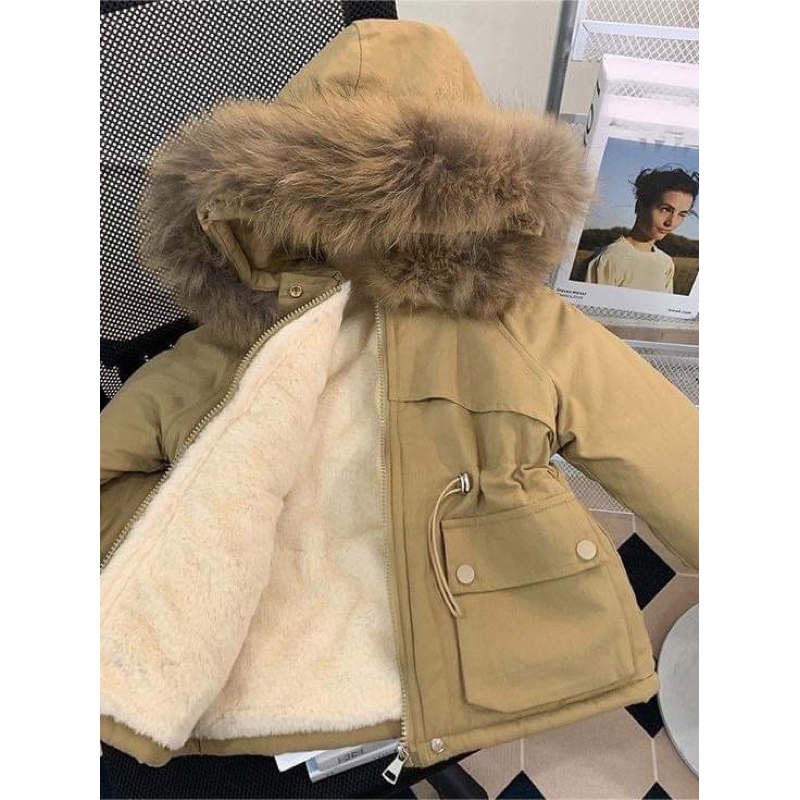 Áo khoác parka lót lông màu nâu be cho bé gái