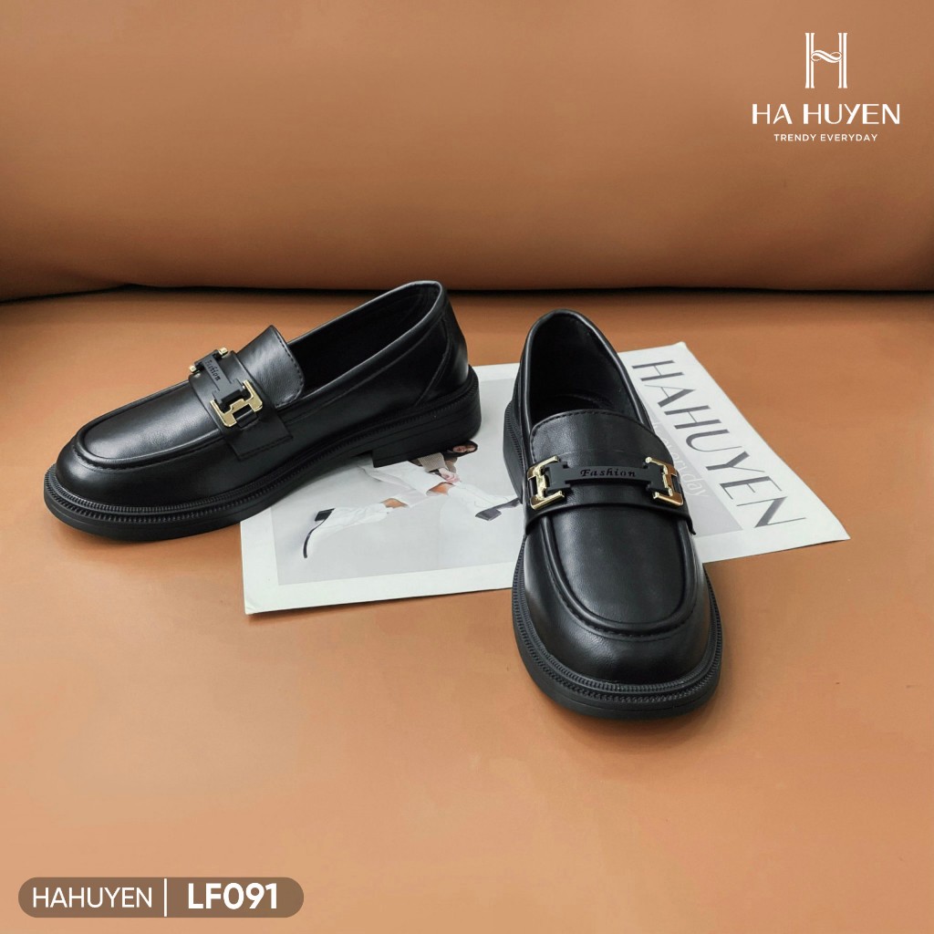 Giày Loafer nữ Hà Huyền Shoes da lì  khoá H Fashion gót vuông 5 phân -LF091