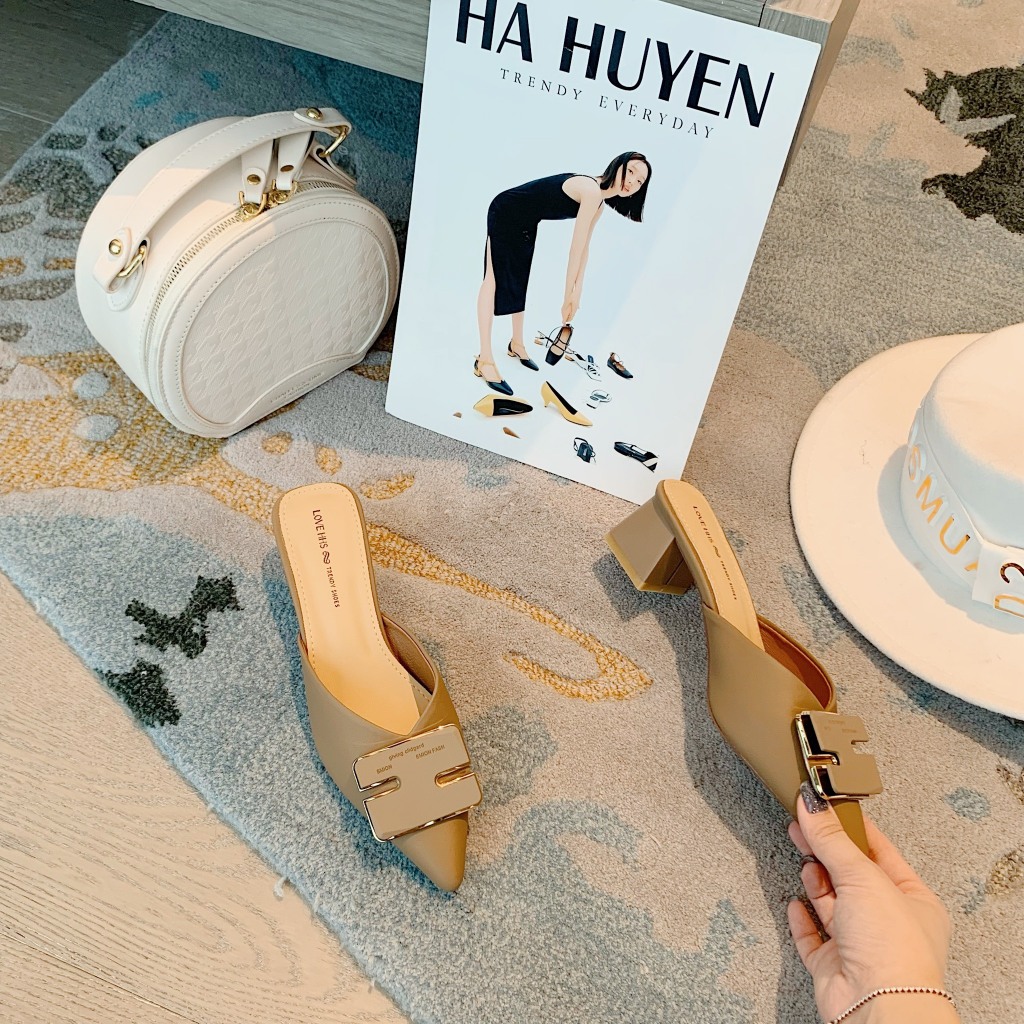 Sục cao gót nữ Hà Huyền Shoes chất da mũi nhọn  gót vuông 5 phân - SU354