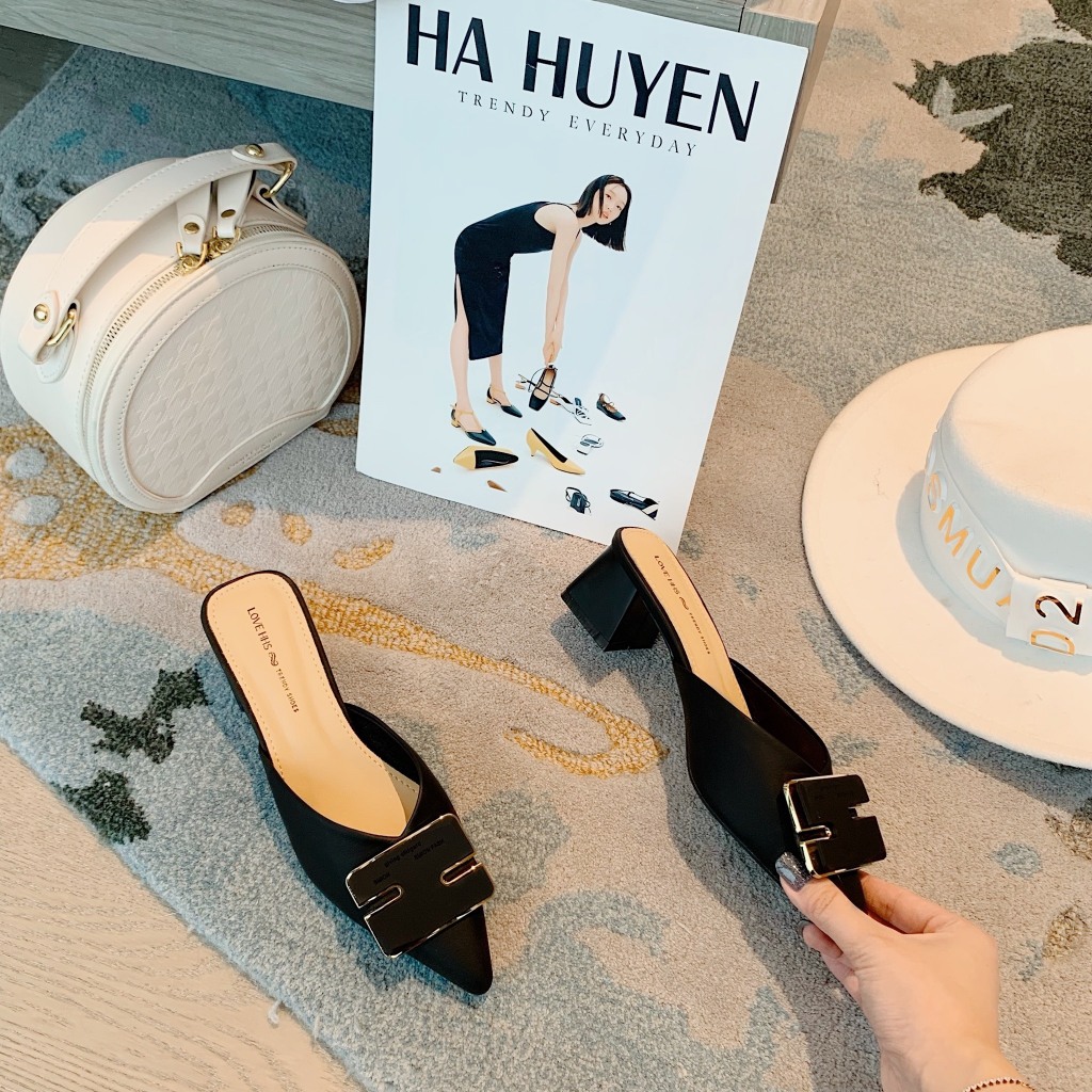 Sục cao gót nữ Hà Huyền Shoes chất da mũi nhọn  gót vuông 5 phân - SU354