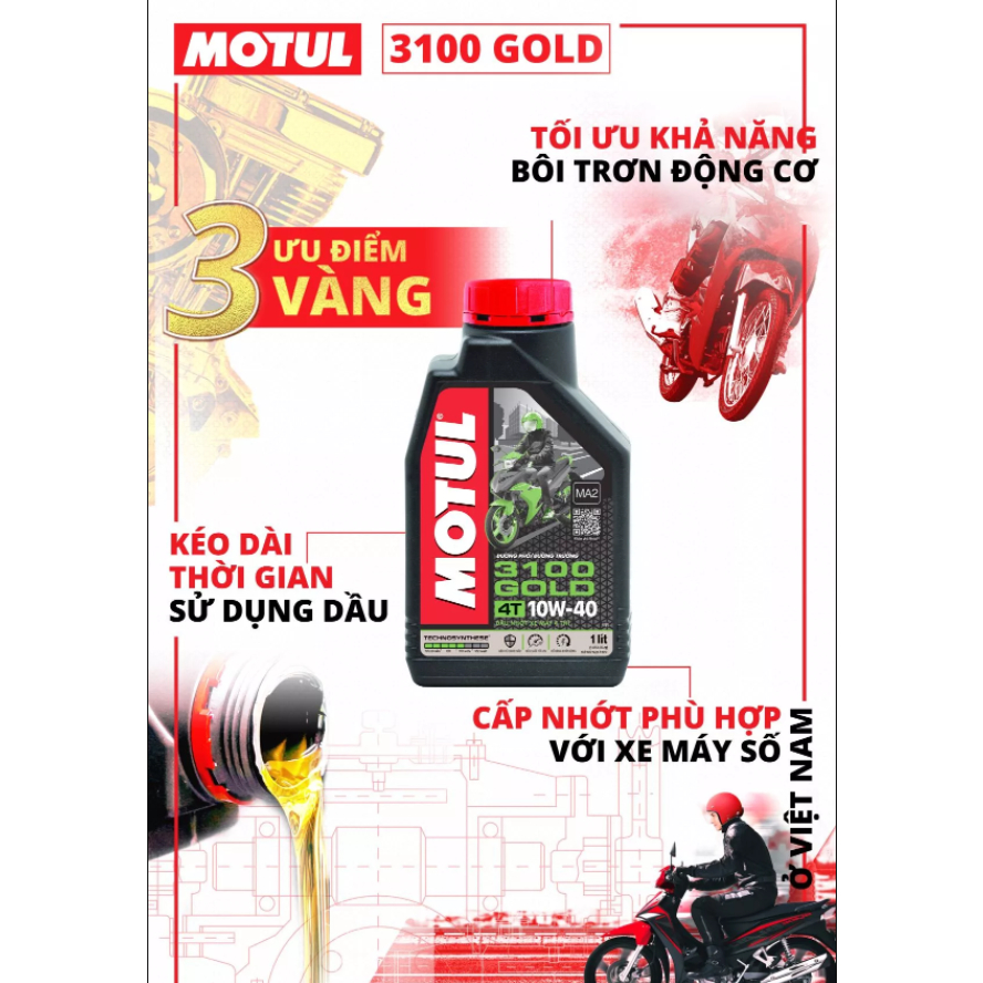 Nhớt xe số cao cấp Motul 3100 Gold 10W40 1L, check mã QR NK- dành cho xe Exciter, Winner, Wave, mô tô PKL PKN