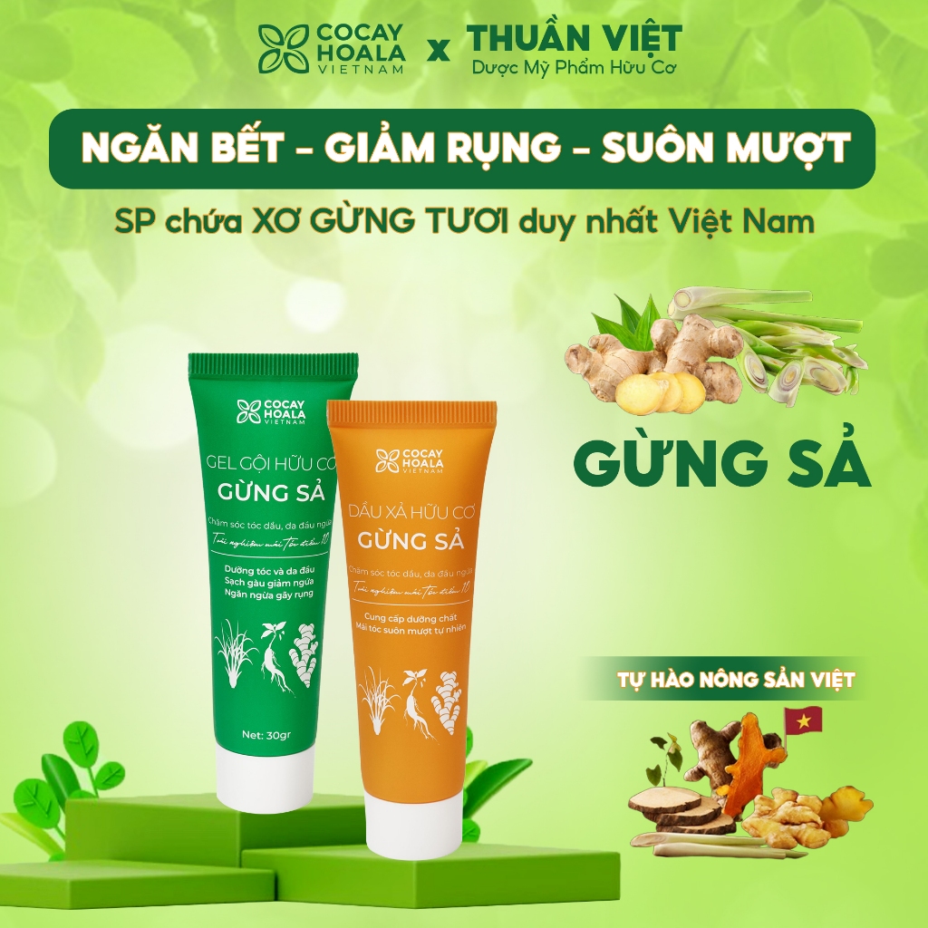 Combo Cặp Dầu Gội Xả Hữu Cơ Gừng Sả Cỏ Cây Hoa Lá - Ngăn dầu bết tóc và giảm gàu ngứa 50g - THUẦN VIỆT Official