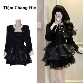SET ĐẦM  DẠ ĐEN PHỐI VOAN TẦNG + KHOÁC CROP DẠ VIỀN TRẮNG SANG CHẢNH ĐI TIỆC ĐI CHƠI ĐI CAFE | TiemChangHie