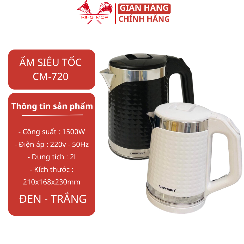 Ấm Đun Siêu Tốc Chính Hãng CHEFMAN 2 Lớp Cách Nhiệt Công Suất 1500W Bảo Hành Chính Hãng 12 Tháng