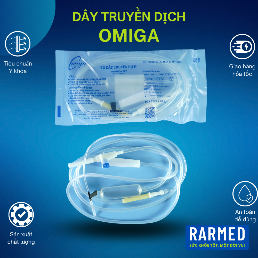 Bộ dây truyền dịch OMIGA khử trùng, có màng lọc - 20 giọt/ml