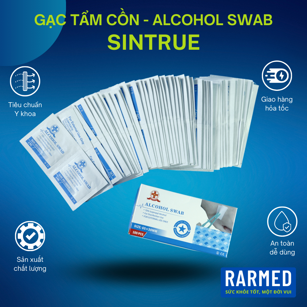 Hộp 100 miếng gạc y tế tẩm cồn Sintrue cao cấp  - Size 65x30mm