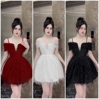 Đầm xòe Tapta phối lông vũ bí có mút ngực lót quần, dây đá khâu tay cực xinh