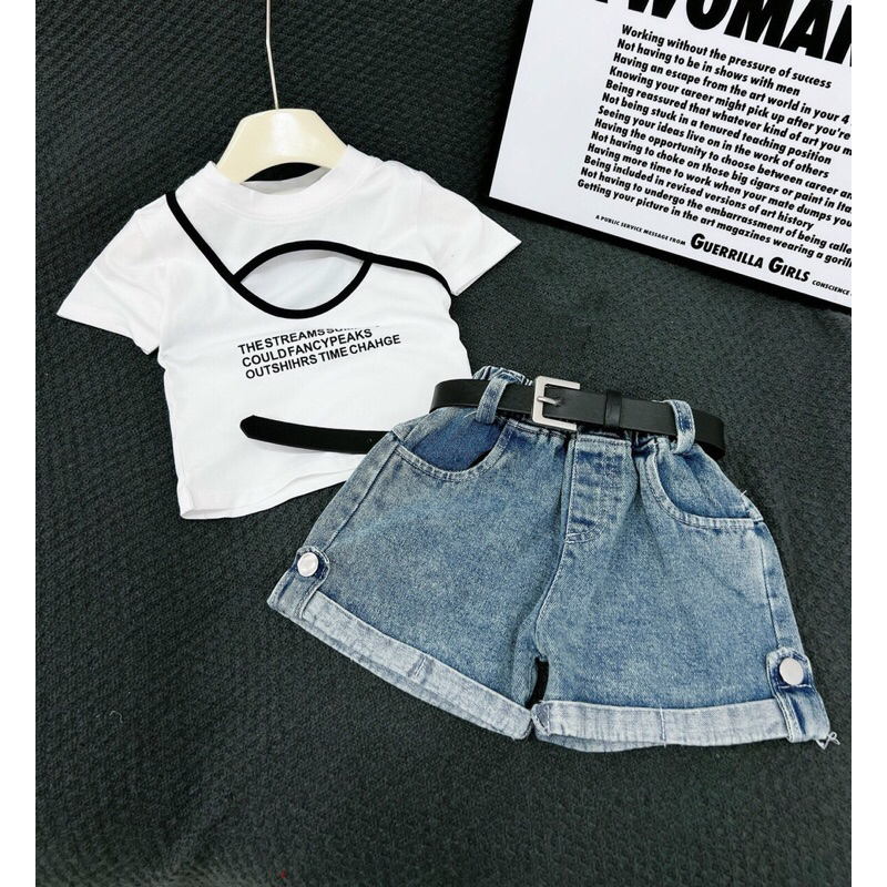 Set quần đùi jean áo thun khoét cổ ngắn tay kèm dây lưng cho bé gái 10-40kg