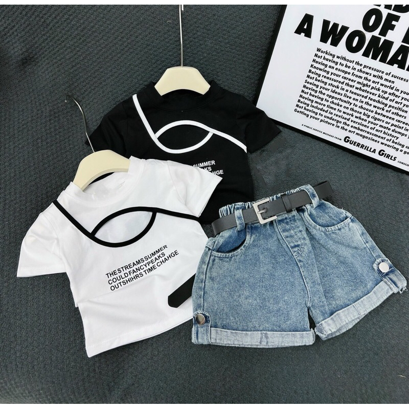 Set quần đùi jean áo thun khoét cổ ngắn tay kèm dây lưng cho bé gái 10-40kg