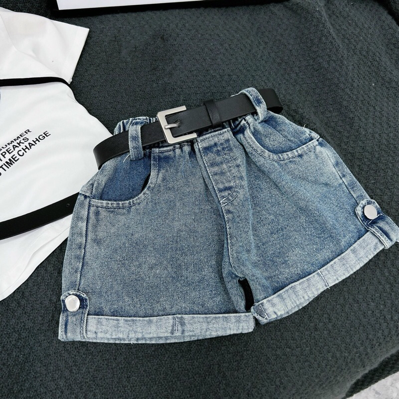 Set quần đùi jean áo thun khoét cổ ngắn tay kèm dây lưng cho bé gái 10-40kg