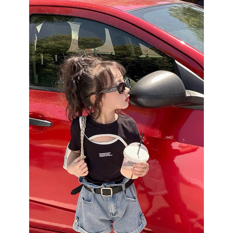 Set quần đùi jean áo thun khoét cổ ngắn tay kèm dây lưng cho bé gái 10-40kg