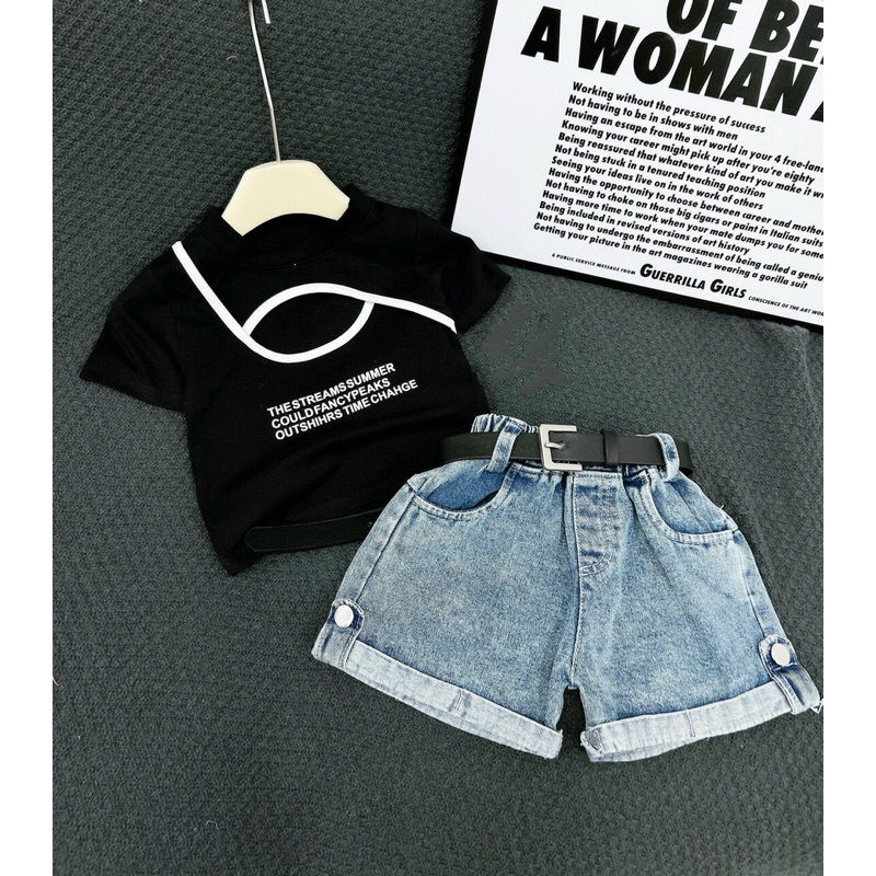 Set quần đùi jean áo thun khoét cổ ngắn tay kèm dây lưng cho bé gái 10-40kg