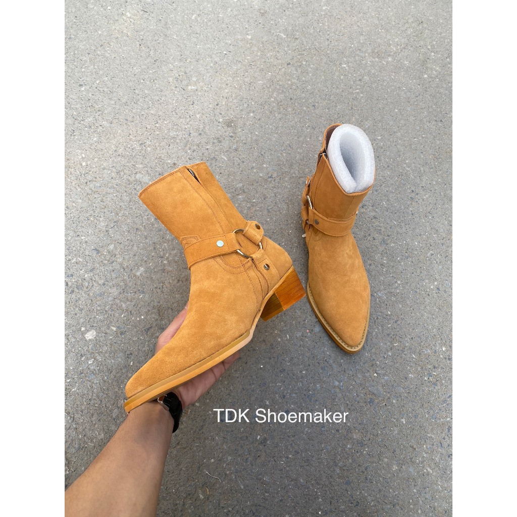 Harness Boots Tobacco Mũi Nhọn Giày Bốt Nam Phong Cách Cao Bồi Da Lộn Màu Nâu Đế Khâu Gót Gỗ Khoá YYK, TDK Shoemaker