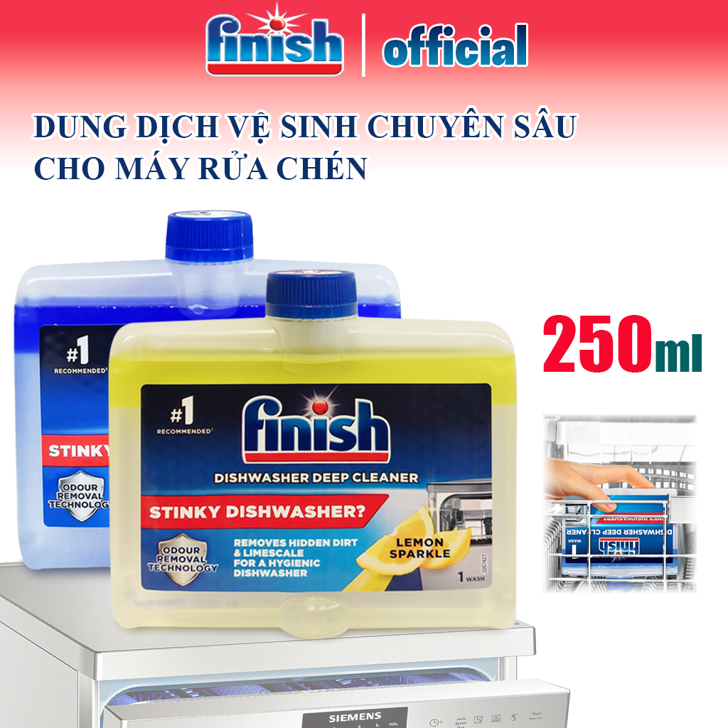 Dung dịch vệ sinh máy rửa bát Finish 250ml hương chanh, làm sạch sâu các vết dầu mỡ, sạch máy và thơm máy