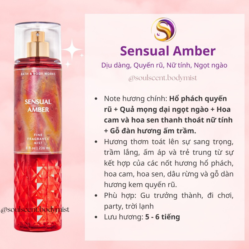 Body mist Sensual Amber xịt thơm toàn thân Bath & Body Works (AUTH Mỹ) | Soul Scent