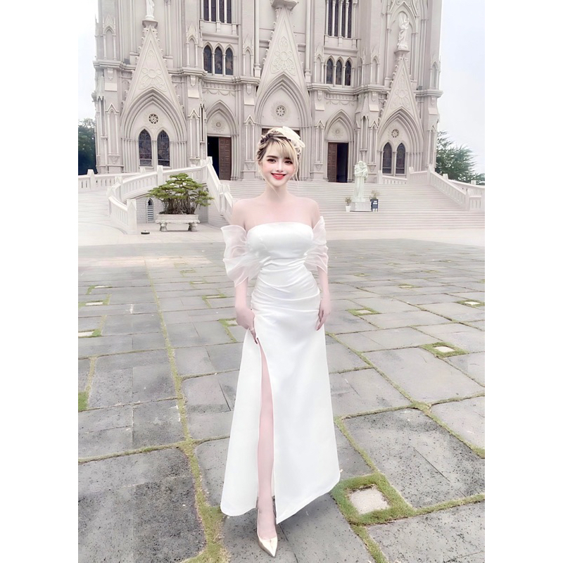 maxi trễ vai nơ lưng tơ