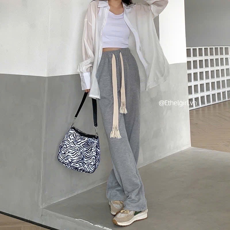 Quần Nỉ Ống Suông,Quần Nỉ Tăm Kiểu Quần Dài Cạp Chun Có Dây Rút Điều Chỉnh Eo Kiểu Dáng Basic Dễ Mặc