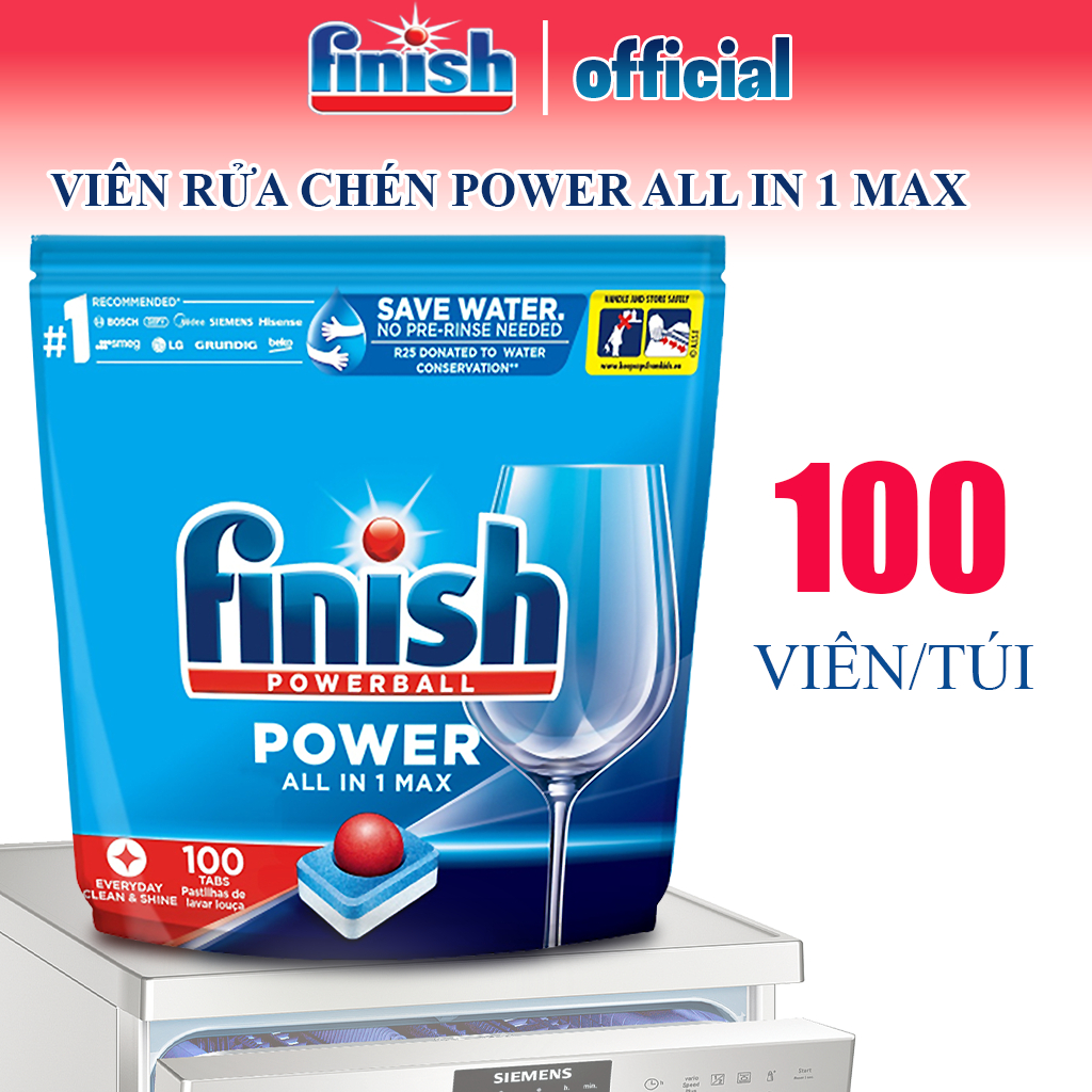 Viên rửa bát Finish Power All in 1 Max túi 100 viên rửa cực sạch nhập khẩu Châu Âu chính hãng