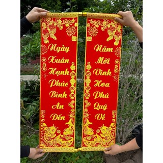 1 đôi câu đối đỏ, liễng trang trí tết làm từ vải nhung đẹp NGÀY XUÂN