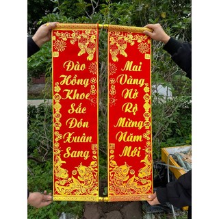 1 đôi câu đối đỏ, liễng trang trí tết vải nhung đẹp Đào Hồng