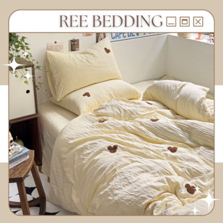 Bộ chăn ga gối Cotton đũi REE Bedding hoạ tiết tai gấu nhỏ nhiều màu đủ size giường nệm CTD249